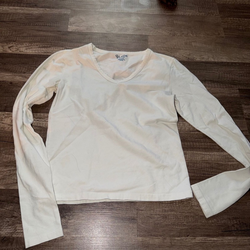 John Galt Brandy Melville Womens White Long Sleeve V-Neck Cotton Blend Top OS